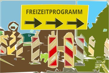 Freizeitprogramm - Konzept Wegweiser Gelbes Schild 14, Pfeile nach rechts