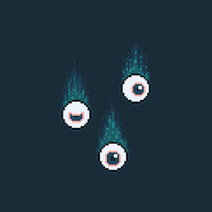 Pixel art cartoon ghost eye with blue flame character.