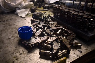 disassembled engine  on a table