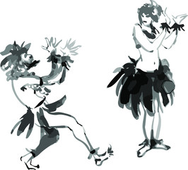 isolated illustration on white background of thes perform traditional dance