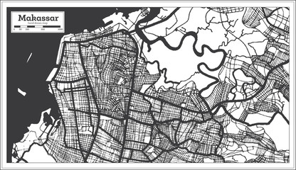 Makassar Indonesia City Map in Black and White Color. Outline Map.