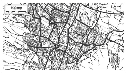 Malang Indonesia City Map in Black and White Color. Outline Map.