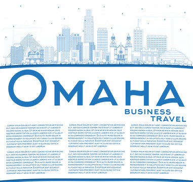 Outline Omaha Nebraska City Skyline With Blue Buildings And Copy Space.