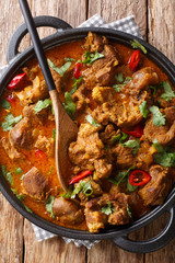 Lamb rogan josh close-up in a pan. Vertical top view