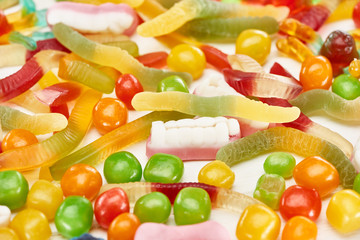 close up view of colorful gummy spooky Halloween sweets