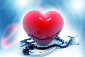 Red heart and stethoscope on blue background. 3d illustration