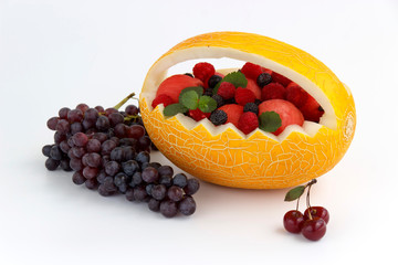 Handmade basket of melon isolated on white background.