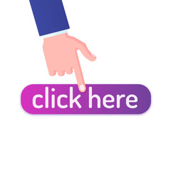 Human Hand and Click Here Button Fllat Vector Illustration