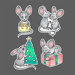 Vector illustration with cartoon mice - symbol of the Chinese new year 2020. Mice with Christmas attributes in the form of stickers. Art can be used for holiday invitation, postcard, poster, packing