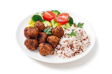 Homemade meatballs with fried rice and broccoli salad, portion for lunch or dinner.  isolated on white background