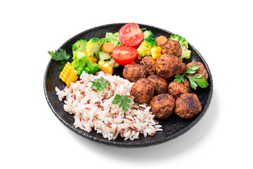 Homemade meatballs with fried rice and broccoli salad, portion for lunch or dinner.  isolated on white background