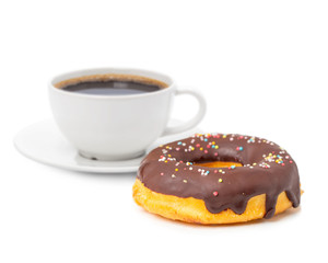 Chocolate donut with coffee cup on white.