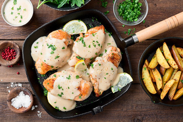 Fresh chicken breast seared in a cast iron skillet with creamy pan sauce.