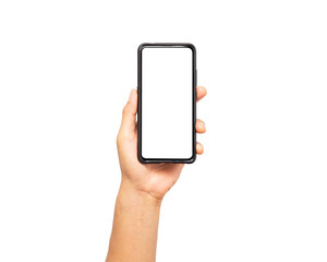 close up hand hold smartphone isolated on white background. man hand holding smartphone device and touching screen.