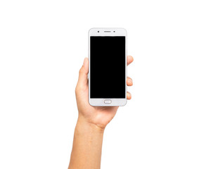 close up hand hold smartphone isolated on white background. man hand holding smartphone device and touching screen.