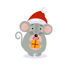 Vector mouse animal flat illustration for Christmas and new year design, symbol of 2020 in Chinese calendar. Cute gray rat on Santa hat with a gift. For party invitation, holiday icon, greeting card