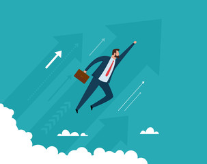 Concept career growth. Businessman flying up with arrows. Vector illustration.