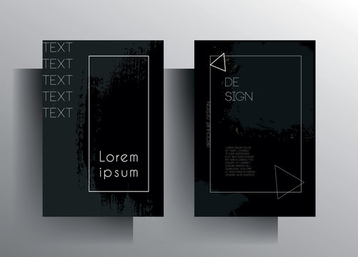 Set of design monochromatic covers in A4 format.  Ink spots, geometric elements, frame for text on a black background. Vector illustration