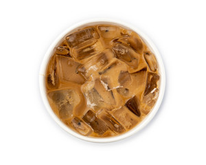 Iced coffee in a paper cup isolated on white background from top view