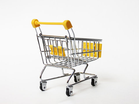 Empty shopping cart isolated on White background. Mock up. Micro little shop basket. High Resolution