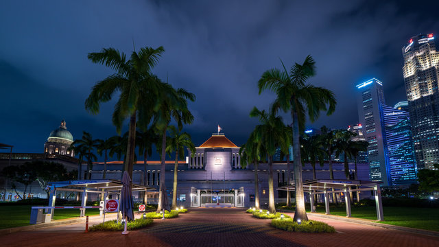 Facade Of Parliament Of Singapore At Night