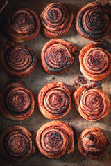 Traditionally cinnamon rolls made of puff pastry and cocoa