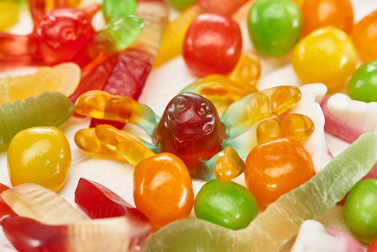 close up view of delicious colorful gummy spooky Halloween sweets