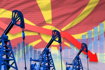 lowering, falling graph on Macedonia flag background - industrial illustration of Macedonia oil industry or market concept. 3D Illustration