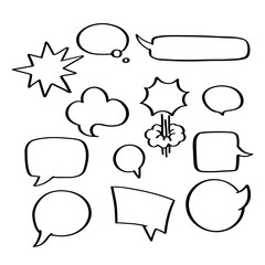 Obraz premium Wektor zestaw ręcznie rysowane dymki. Pusta naklejka komiksowa bez tekstu o różnych kształtach - kwadrat, okrąg lub okrąg, chmurka, bum i bam, prostokątna wiadomość. Pusty doodle znacznik ceny dialogu