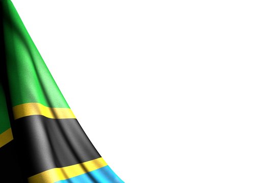nice isolated image of Tanzania flag hanging in corner - mockup on white with place for your content - any feast flag 3d illustration..