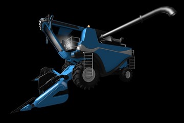 industrial 3D illustration of huge beautiful blue wheat agricultural harvester with grain pipe detached side view isolated on black