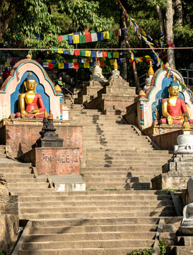 Giant statue of Gautama Buddha at Swayambhunath stupa in Nepal. Buddhism