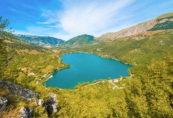 Lake Scanno (L'Aquila, Italy) - When nature is romantic: the heart - shaped lake on the Apennines mountains, in Abruzzo region, central Italy, during the autumn with foliage