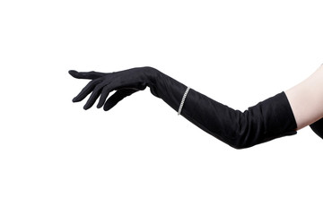 Feminine hand in a black glove on a white background.