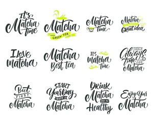 Fototapeta premium Matcha tea. Hand drawn lettering set about matcha tea. Lettering cards. Can be used for shop, banner, poster