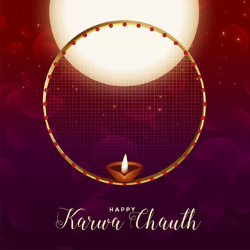indian karwa chauth festival with full moon and diya design
