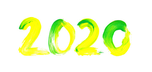 Green and yellow watercolor sign 2020 on white background. Hand drawn paint stains  New Year logo for your design.