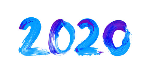 Blue and purple watercolor sign 2020 on white background. Hand drawn paint stains  New Year logo for your design.
