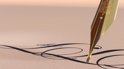 3D rendering of antique golden fountain pen tip over paper - obrazy, fototapety, plakaty