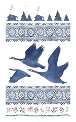 Watercolor illustration in blue tones with a silhouette of a flock of geese and a northern pattern.