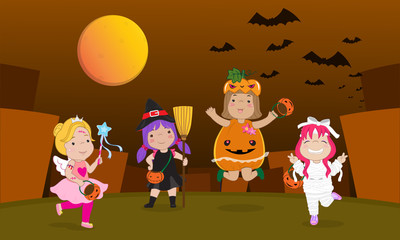 Halloween illustration set. A group of girls in Halloween costume enjoying Halloween night on a orange background.