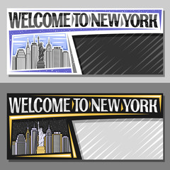 Vector layouts for New York City with copy space, decorative sign board with statue of Liberty on background of NY skyline at dusk, NYC art concept with original script for words welcome to new york.