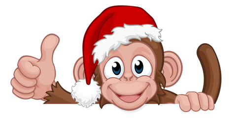 A Christmas monkey animal cartoon character in a Santa hat behind a sign peeking over a sign and giving a thumbs up