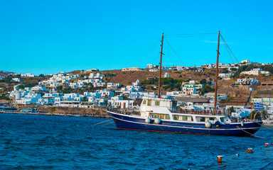 A view of Mykonos port with boats, Cyclades islands, Greece
