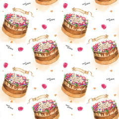 Seamless pattern watercolor cake with berries