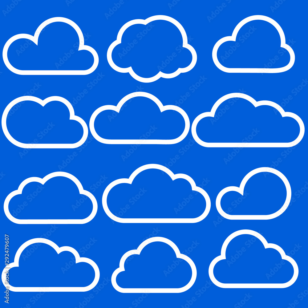 Poster set of clouds isolated on blue background. weather signs. collection of clouds icon. eps 10