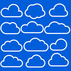 Set of clouds isolated on blue background. Weather signs. Collection of clouds icon. EPS 10