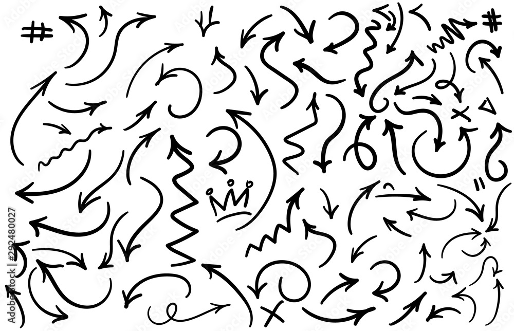 Poster abstract arrows in hand drawn style for concept design. arrows doodle illustration. different black 