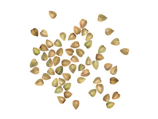 Large group of green buckwheat seeds spread out and isolated on white background