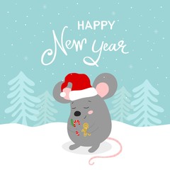 Happy New Year greeting card with cute rat, symbol of 2020 year. Chinese New Year. Vector illustration.